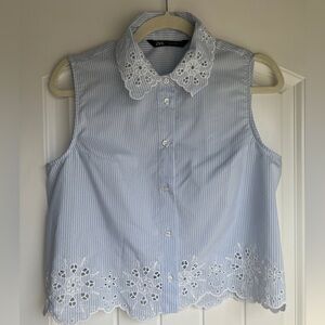 Zara Light Blue Sleeveless Blouse with White Lace